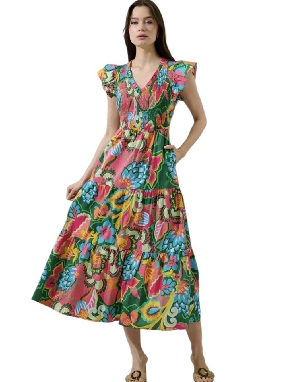 Sugarlips Lanai Tropics Sunfire Smocked Tiered dress Size M Medium - Picture 2 of 14